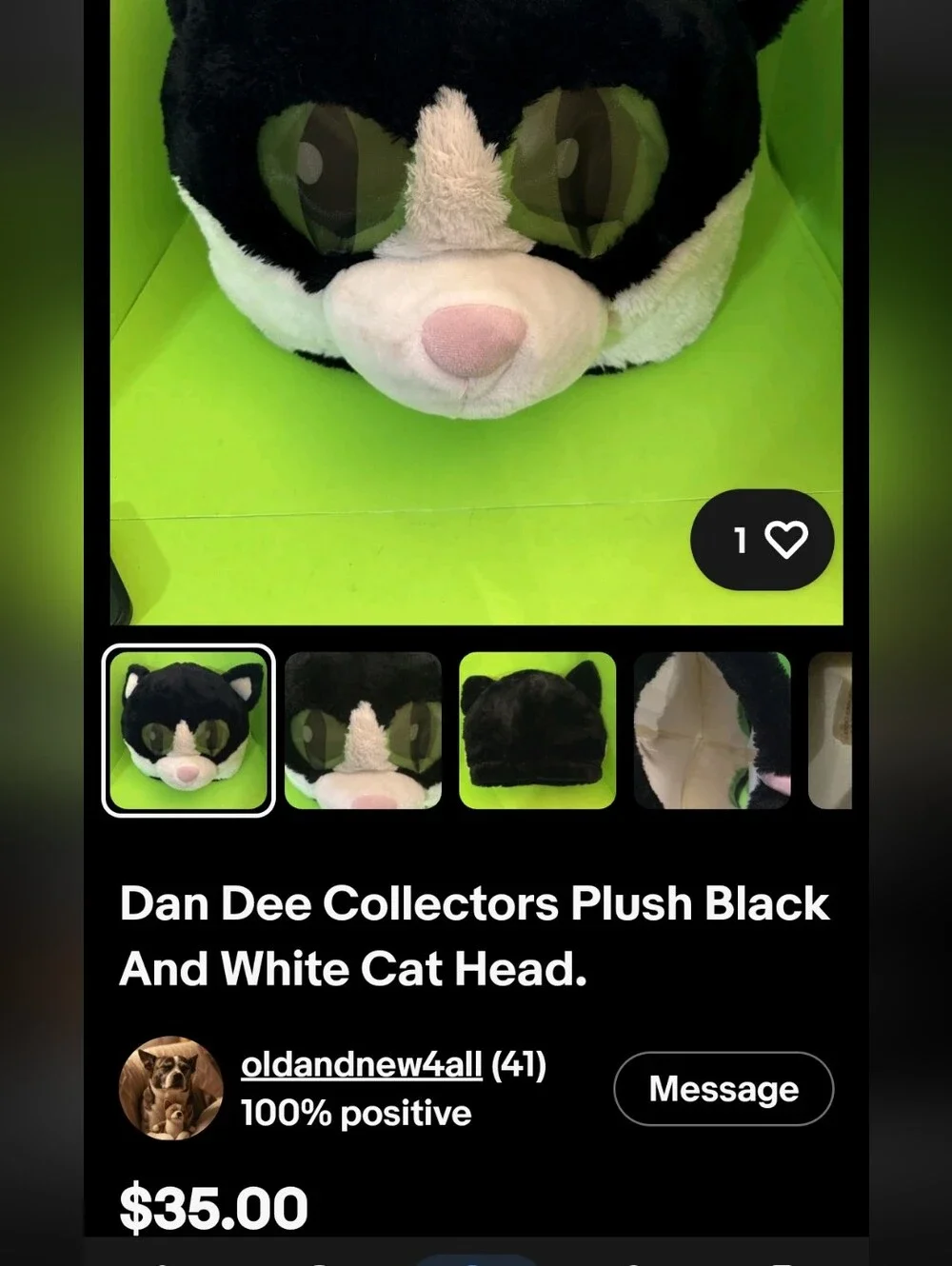Dan Dee Plush Black & White Cat Head Toy